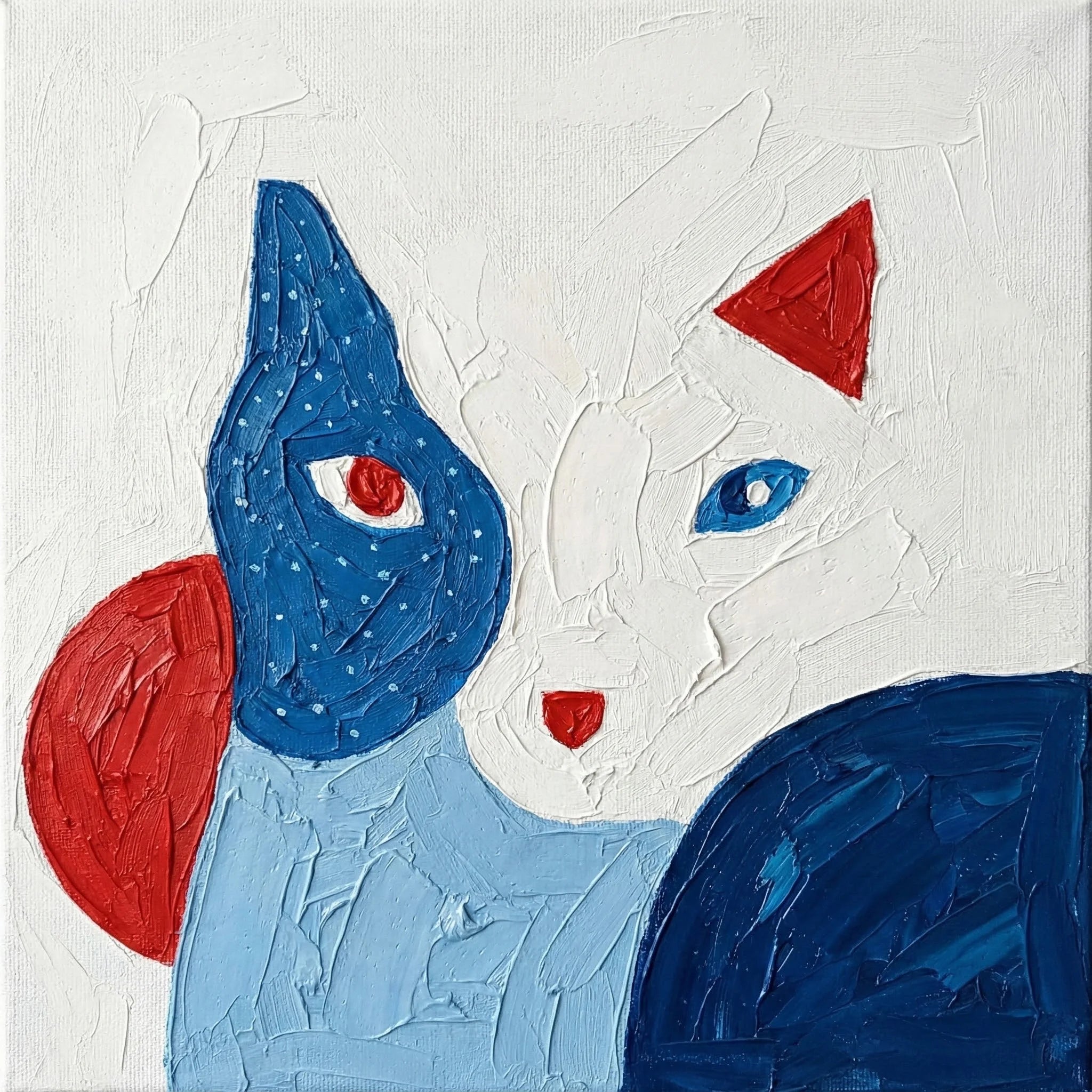 Abstract cat portrait in red and blue on a soft white background