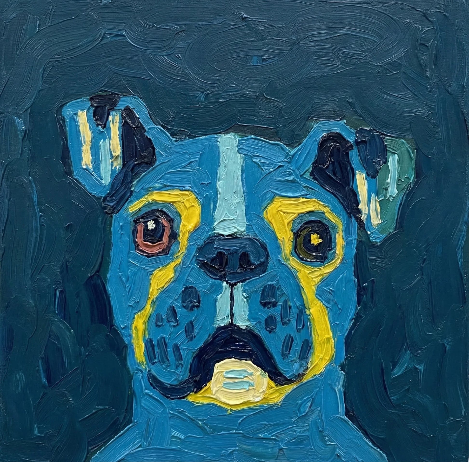 Blue French bulldog portrait painting with yellow accents on a dark blue background
