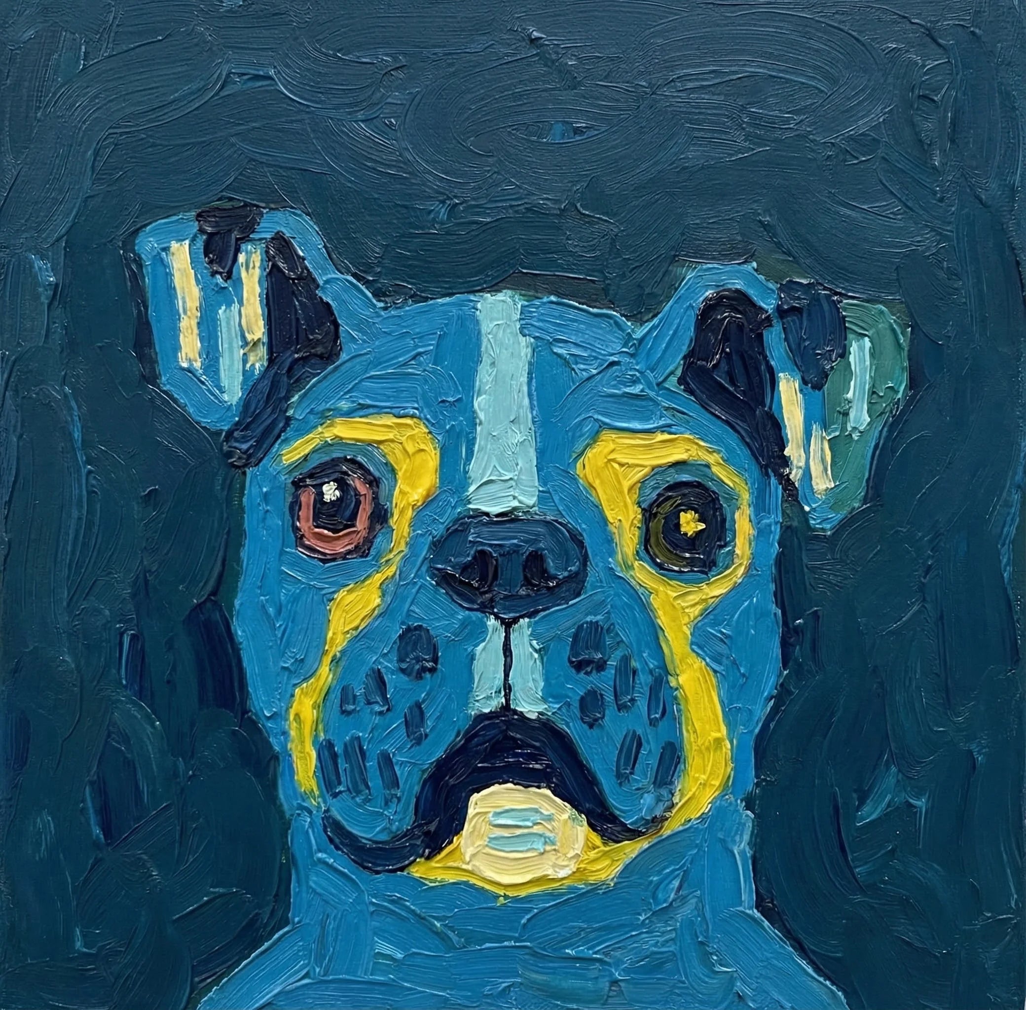 Blue French bulldog portrait painting with yellow accents on a dark blue background
