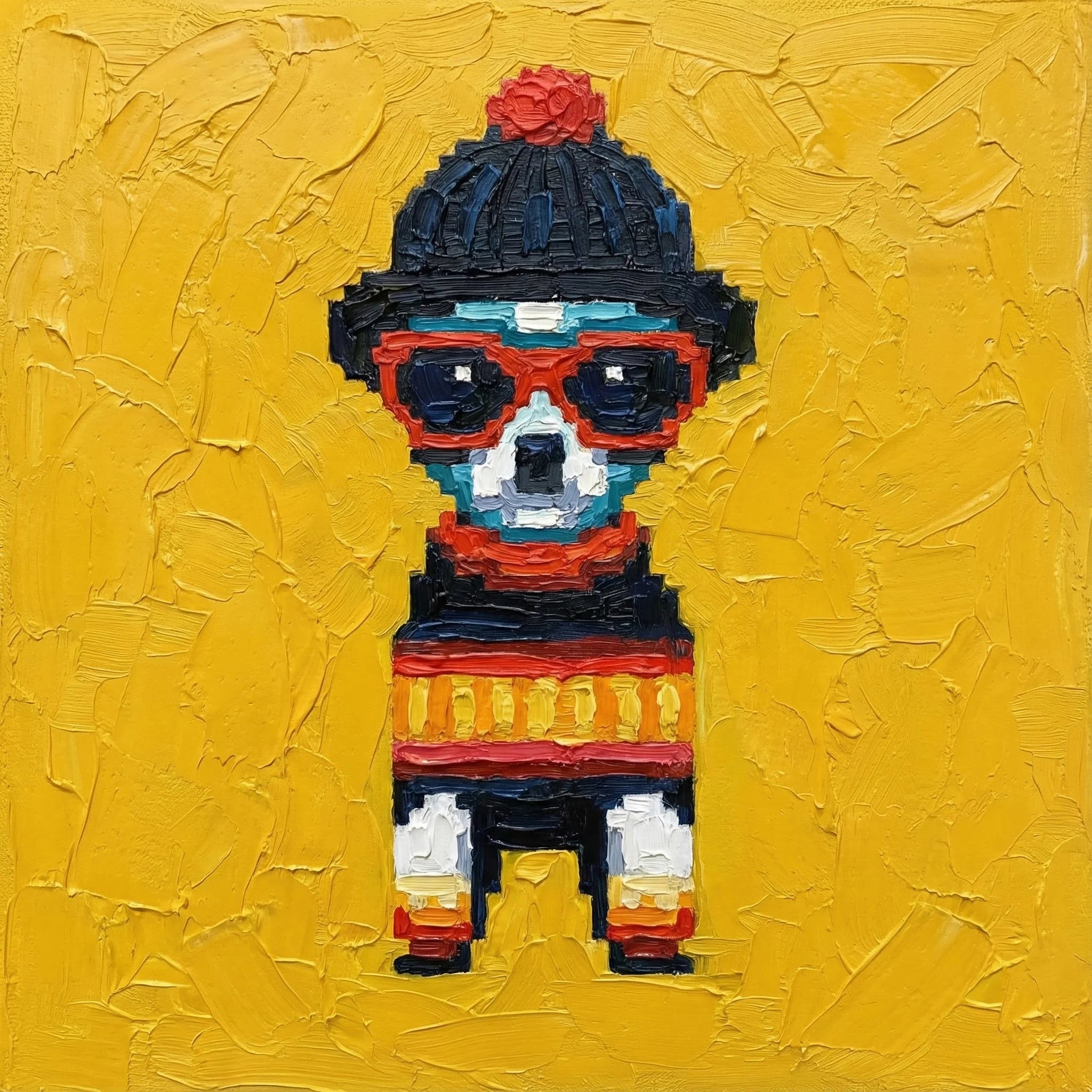 Colourful dog painting in sunglasses and a knit hat on a bright yellow background