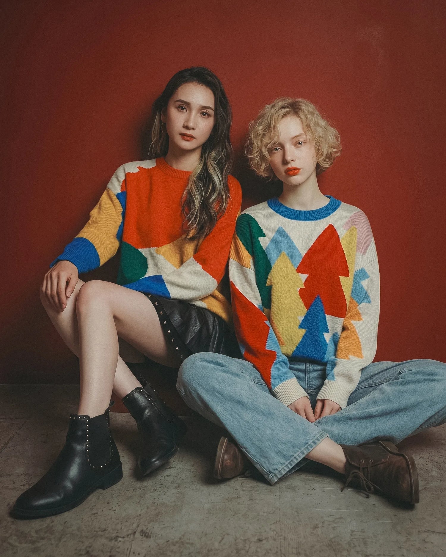 Two women wearing colorful geometric knit sweaters against a warm rust-red backdrop.
